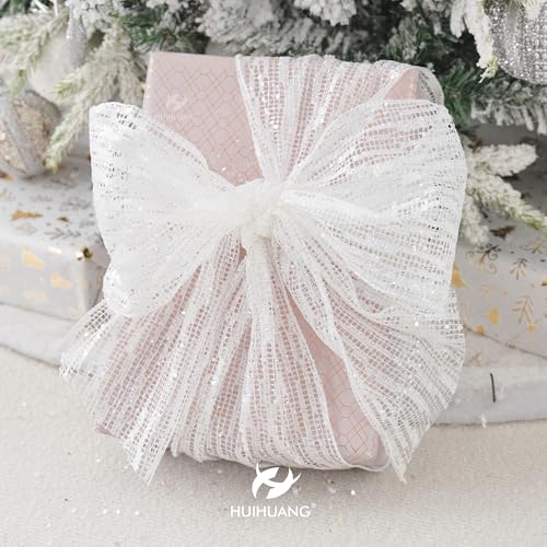 HUIHUANG White Wired Ribbon 6 inch Wide White Glitter Christmas Tree Mesh Ribbon for X-mas Tree Decorations, Garlands, Large Bows, Wreaths, Large Box Wrapping- Continuous 10 Yards by HUIHUANG - Used condition - Image 3
