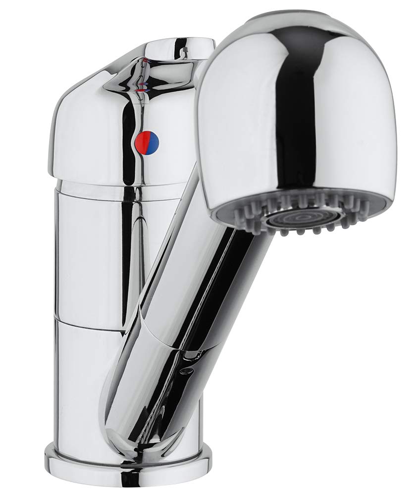 Paini Mitigeur monocommande de cuisine, lavabo, chromé, levier supérieur avec douchette extractible 2 jets et cumulateur, design moderne, entièrement fabriqué et fabriqué en Italie