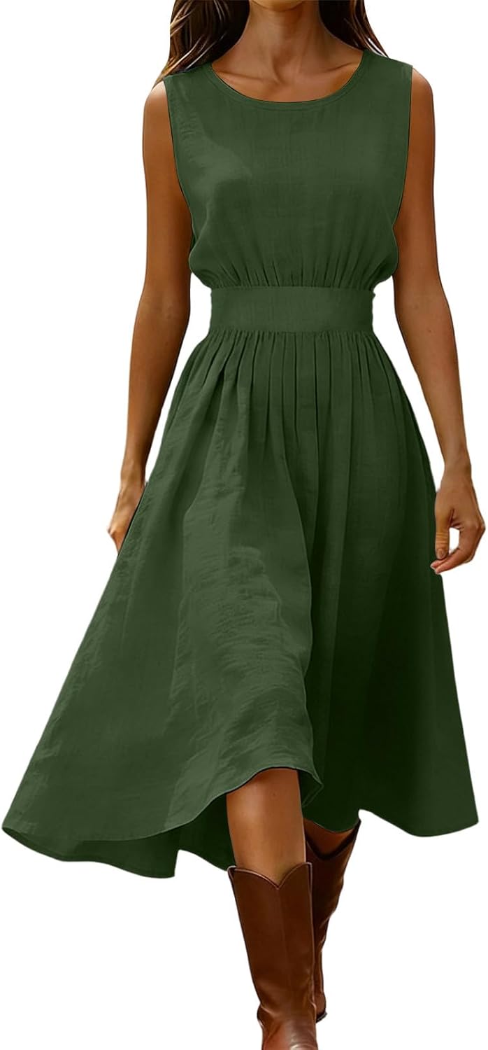 Linen Midi Dress for Women Round Neck Sleeveless Elastic Waist Dress Vintage Western Country Dresses