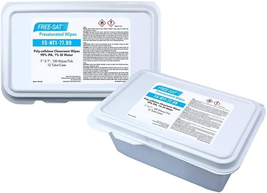 FS-NT1-77.99 Pre-Saturated Cleanroom Wipe, ISO Class 5, Polyester/Cellulose, 99% Alcohol/1% DI Water, 7" Width x 7" Length (Pack of 100)