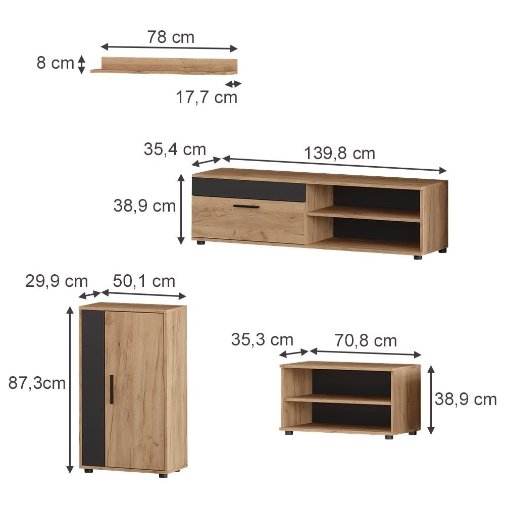 Vicco Ściana w salonie "Berno", Dąb goldkraft/Antracyt, Zestaw 4-częściowy