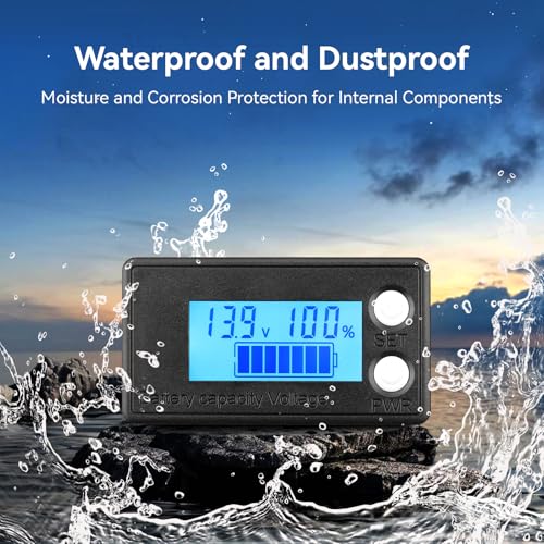 Image of DROK Waterproof Battery Monitor 12V 24V 36V 48V 72V Battery Meter 8-100V, Capacity Tester LCD Display with Blue Backlight, Fit for Car Golf Cart RV Marine