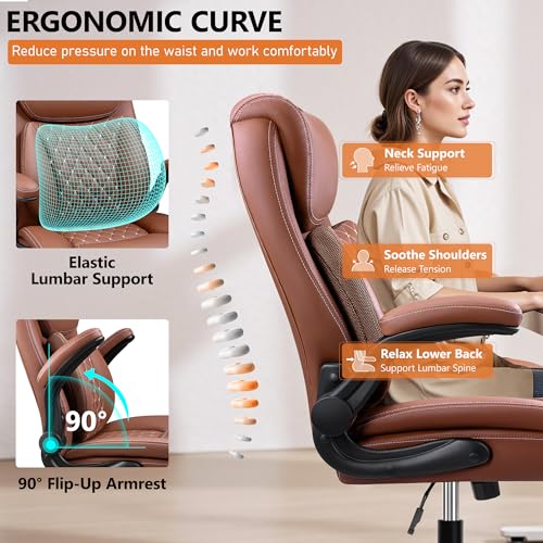 Image of Office Desk Chair, Ergonomic Lumbar Support for Lower Back Pain | Executive Leather Home Chair Comfy with Padded Flip-up Armrests, Brown, 2-Pack