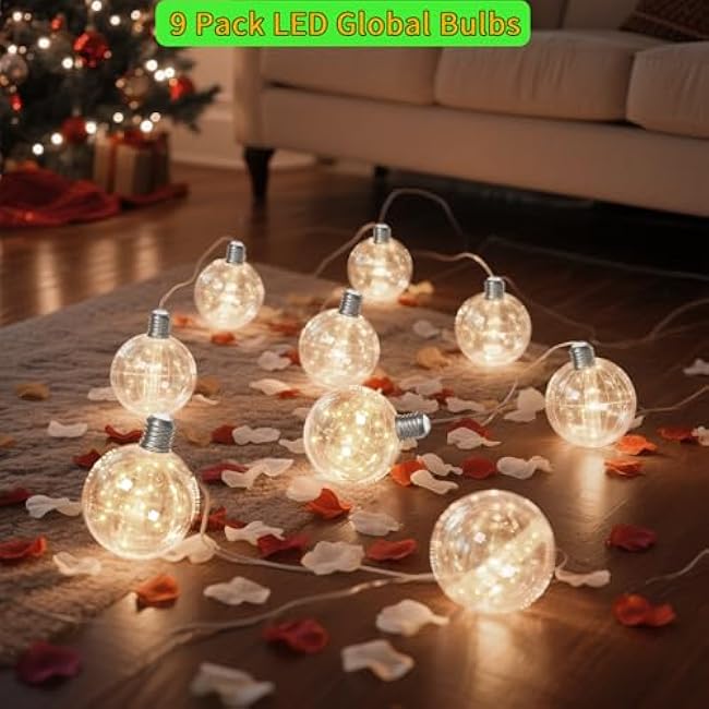 Globe String Lights, 10.3FT LED String Lights Indoor, Waterproof Decorative Christmas Lights, 9 Pack G100 Ball Bulbs, Built-in 15 LEDs, Warm White Plug-in Fairy Lights for Patio, Bedroom, Halloween