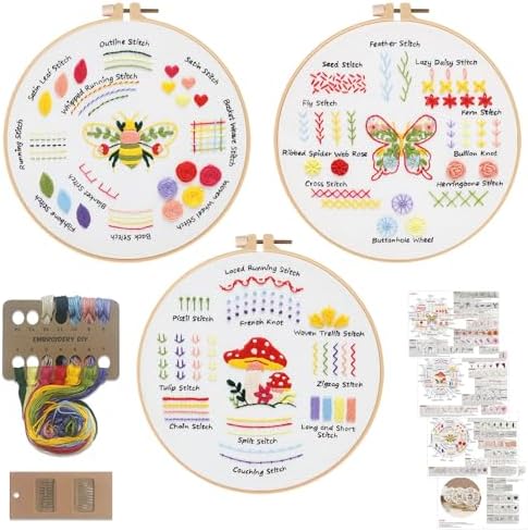 Louise Maelys Embroidery Kit for Beginners,3 Packs Practice Tool for Adults,Learn 30 Basic Stitches,DIY Hand Sewing Gift,Cross Stitch Starter Kits with Hoop Needles Instruction and Threads