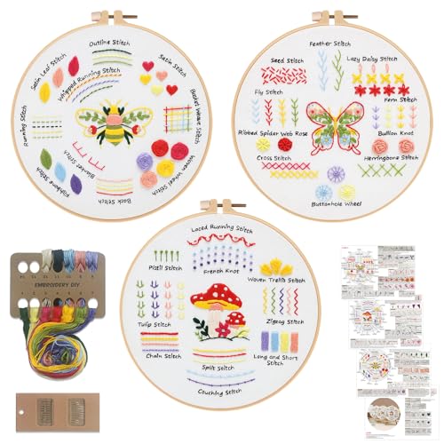 Image of Louise Maelys Embroidery Kit for Beginners,3 Packs Practice Tool for Adults,Learn 30 Basic Stitches,DIY Hand Sewing Gift,Cross Stitch Starter Kits with Hoop Needles Instruction and Threads