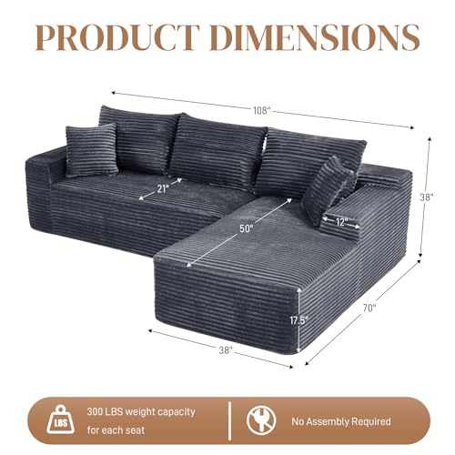 Image of 108 inch L Shaped Cloud Boneless Sectional Couches for Living Room, Modern Comfy Modular Deep Seat Memory Foam Compressed Corduroy Sofa Oversized Right Facing Chaise, No Assembly Required, Grey