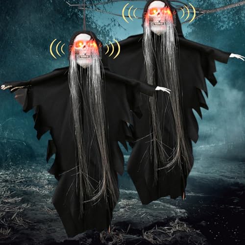 Esqueleto de Dia das Bruxas, 2 fantasma Halloween com cabelo comprido, ativadas por voz com função de brilho no escuro, 35 cm, ideais para decorar festas, jardins, interiores e exteriores