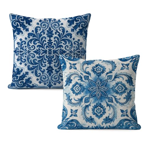 FGFK Blue Baroque Floral Pillow Covers 18x18, Blue and White Home Decor, Mediterranean Portuguese Azulejo Tile Decorative Throw Pillow Covers for Living Room Bedroom Sofa Couch Set of 2