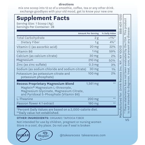 Recess Mood Powder, Calming Magnesium L-Threonate Blend with Passion Flower, L-Theanine, Electrolytes, Magnesium Calm Support Powder Supplement - Unflavored 28 Serving Tub - Image 4