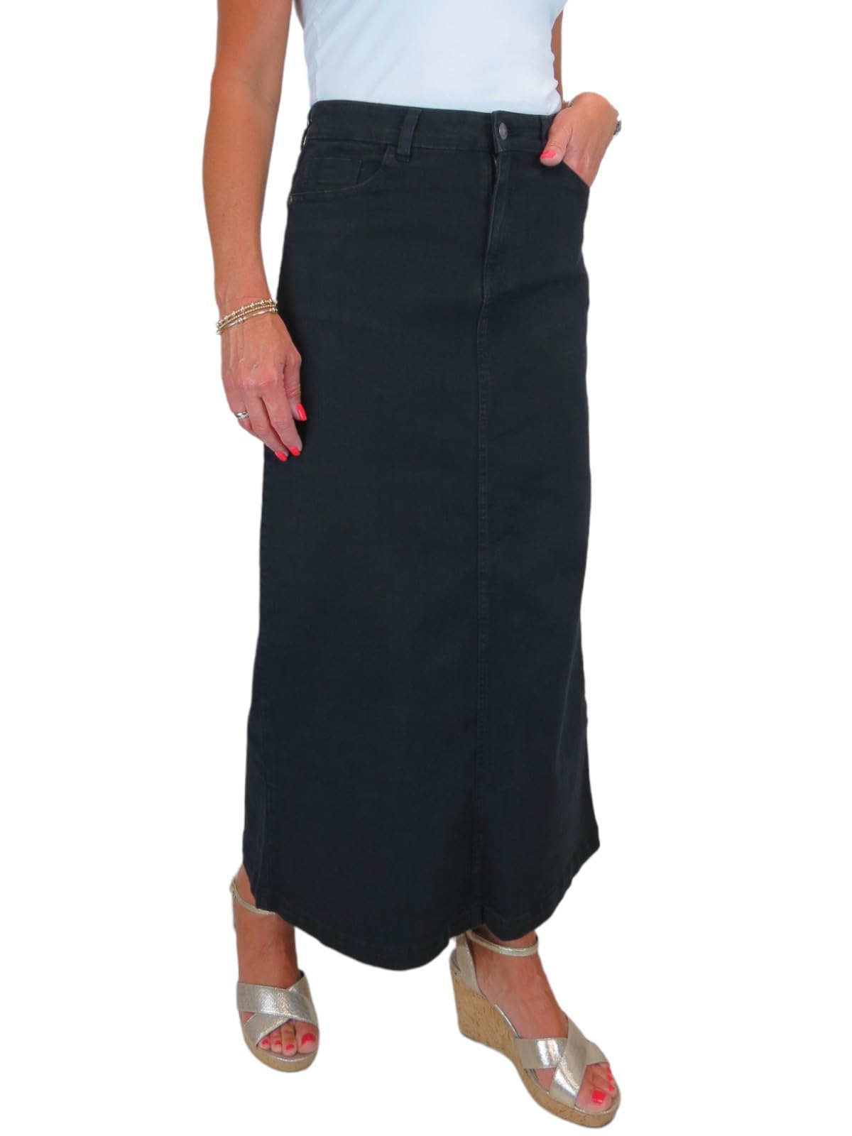 Damen Maxi Long Jeans Rock Sehr Dehnbarer Denim 36-48