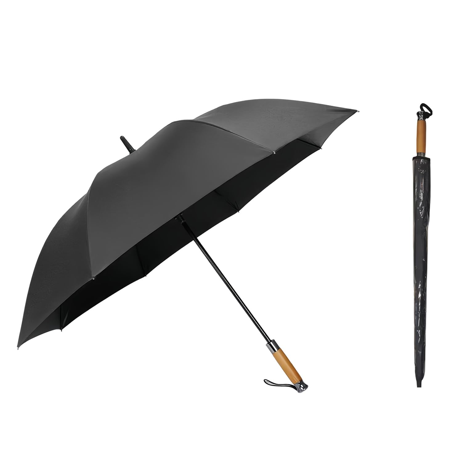 Gadgetking Men's Black Umbrella With Wooden Handle Automatic Open Strong Windproof Golf Golfing Wood For Wo Ladies Gents Stick Large Size Or Compact Handbag Travel Quality Auto (1 X Large Wooden Handle)