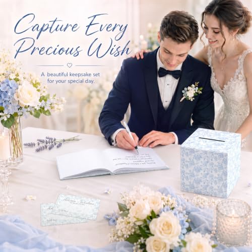 Image of Engrowtic 28 Pcs Blue Floral Wedding Guest Book with Card Box and Pen | Blue and White Guest Book, Bridal Shower, 9.1 x 6.7'', Cards, Elegant, Ribbon Tie, blank Side for Photos, Lined Side for Note