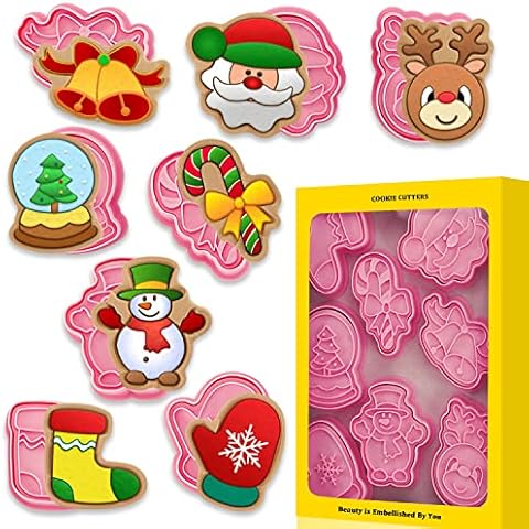 Acevegue Christmas Cookie Cutters Set, 8pack Pressable Christmas Stamps Pastry Biscuit Cutters-Santa, Bells, Christmas Socking, Gloves, Elk Shape for Baking Christmas Cake Decorations Supplies Cover