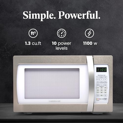 Farberware Countertop Microwave 1100 Watts, 1.3 cu ft - Smart Sensor Microwave Oven With LED Lighting and Child Lock - Perfect for Apartments and Dorms - Easy Clean Retro White, Platinum