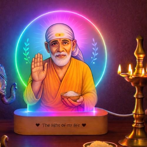 Image of ZOCI VOCI Shirdi Sai Baba LED Lamp with Wooden Base - Spiritual Night Light for Pooja Room, Sai Baba Photo Frame Light for Home Temple Decor, Diwali Gift, Bedside Table Lamp (RGB Smooth - (No Remote))