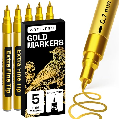 ARTISTRO 5 Gold Paint Pen for Rock Glass Ceramic Wood Tire Fabric Metal Canvas Marking Painting - Set of 5 Acrylic Paint Markers Water-based