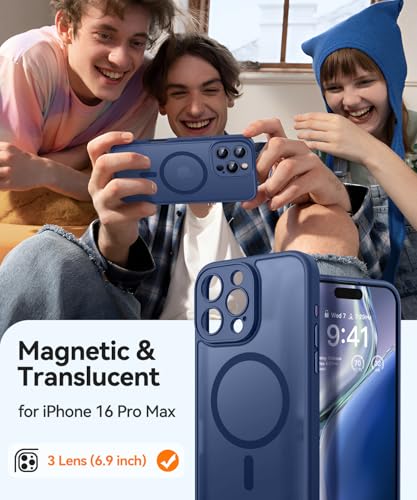 Image of CANSHN Magnetic Compatible with iPhone 16 Pro Max Case, Upgraded [Full Camera Protection] [Compatible with Magsafe] [Translucent Matte] Shockproof Protective Phone Case Cover 6.9 Inch - Deep Blue