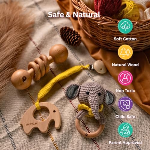 Image of Newborn Gift Box Elephant Collection (0-12 Months) | 3-in-1 Set with Crochet Rattle, Wooden Dumbbell Ring Rattle & Elephant Teether | Montessori Baby Toy| BPA Free | Non-Toxic Cotton & Beechwood | Gift Box