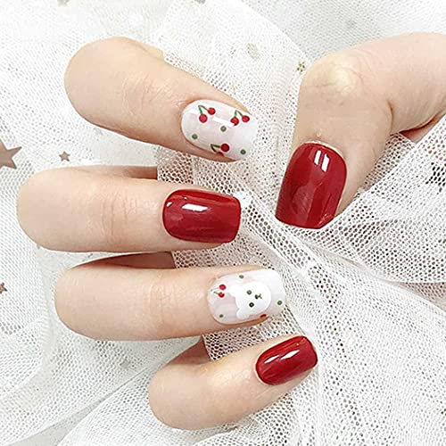 Sethexy Square Glossy False Nails Pearl Shell Press on Nails Acrylic Short Fake Nails Party Nail Tips for Women and Girls (Cherry)