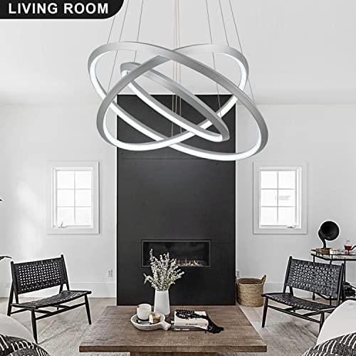 Royal Pearl Modern Led Chandelier 3 Ring Circular Chandelier Dimmable 23.6”Round Pendant Light Contemporary For Dining Living Room Foyer Bedroom 6000K Silver #TOP7