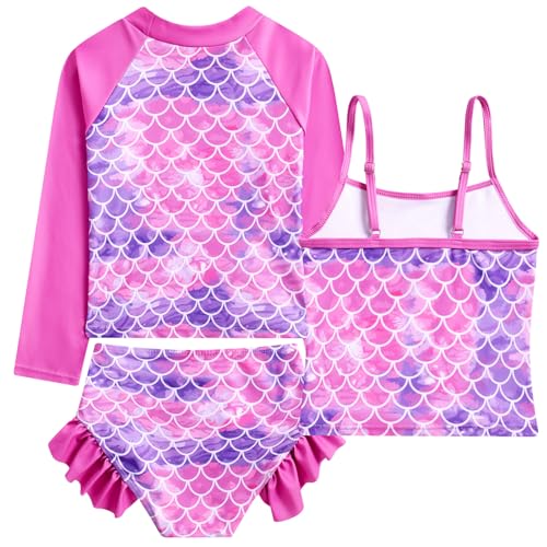 Image of Funnycokid Girls Swimsuit 3 Pieces Long Sleeve Rash Guard Set Tankini Bathing Suits Summer Kids Swimwear 3-10 Years