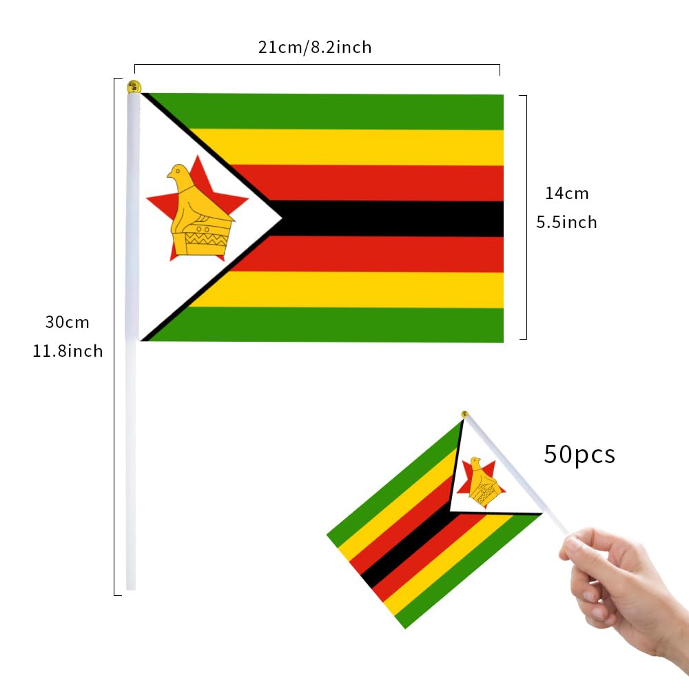 50 Pcs Zimbabwe Mini Waving Flags Zimbabwean Hand Waving Flag Celebration Parade Supplies Match Cheering Garden Party Decorations Sports Events Barbecue Parties Fans Cheer (14x21cm) - Image 2