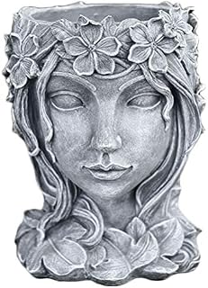 Holibanna Girl Succulent Planter Resin Woman Figuring Planter Grey Resin Plant Pot Female Girl Statue Head Planter Pot Desktop Succulent Flower Holder for Home Office Mother Day Flower Pot -466