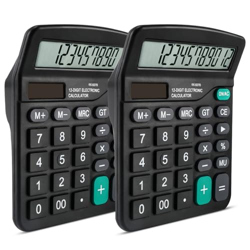 2 Pieza Calculadora Basica, Potencia batería, Calculadora Oficina, Calculadora Básica con Pantalla LCD de 12 Dígitos, Botones Grandes, Función Estándar para Oficina, Hogar y Escuela, Negro