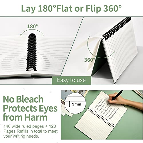 Spiral Notebook Hardcover With Refillable 260 Pages In Total, Spiral Notebooks For Work With Removable Pages Wide Ruled, Diy 30 Holes Binder Plastic Cover, Green 8.3" *5.7" #TOP4
