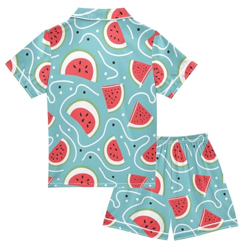 ALAZA Watermelon Slices Blue Satin Pajamas Set Short Sleeve Button Down Sleepwear Summer Pjs 2 Piece2