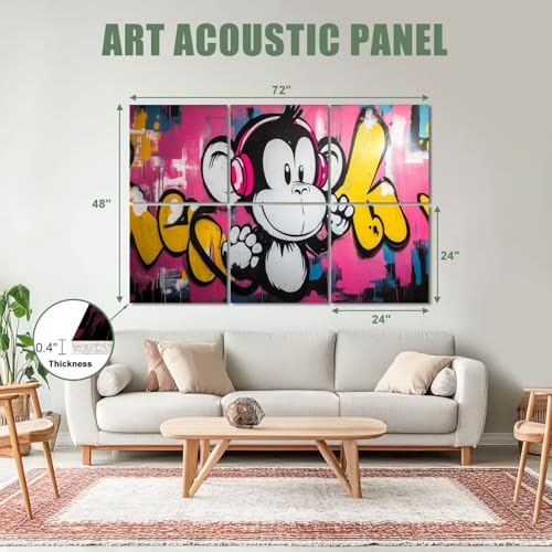 6 Pack Paneles Acústicos Arte Absorbentes de Sonido Graffiti Mono Auriculares Estilo Pop Decorativos Rosa para Paredes Aislantes para Estudios de Grabación y Oficina 72"x48" miniatura 2
