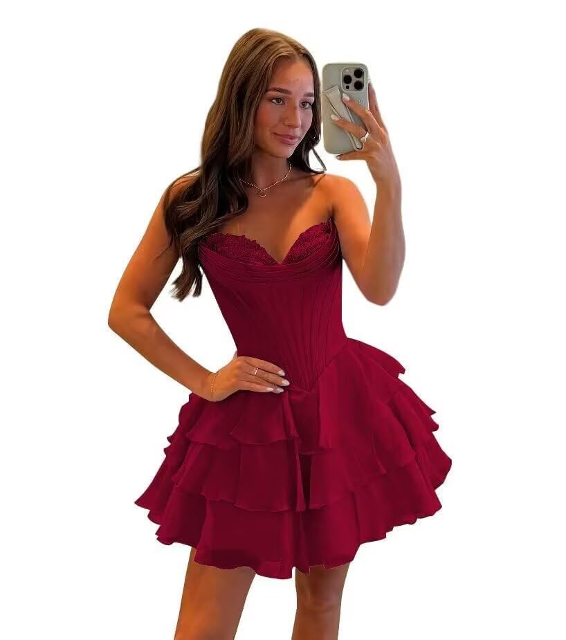 Strapless Tiered Homecoming Dresses for Teens Chiffon A Line Corset Cocktail Party Gowns Ruffle Floral Short Prom Dress