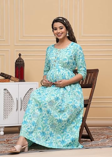 Image of JAIPURFAME Stylish Women's Pure Cotton All Over Printed Kurti Gown, Maternity Dress, and Feeding Dress - Comfortable and Elegant Maternity Wear for Women Aqua