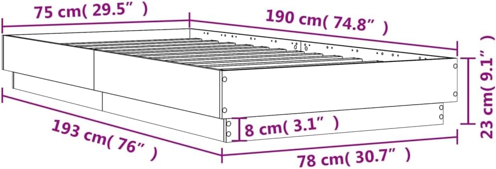 Diagram showing the overall dimensions of the bed frame: 193 cm length, 78 cm width, 23 cm height, and mattress area of 75 cm by 190 cm.