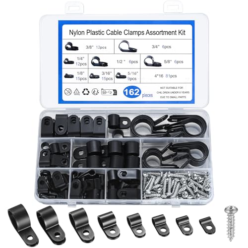 162 Piezas Clips de Cable Tipo R, Abrazadera de Cable de Nylon, Abrazaderas de Cable R-Type para Cables Eléctricos, Fijaciones de Cables, con Tornillos - Negro