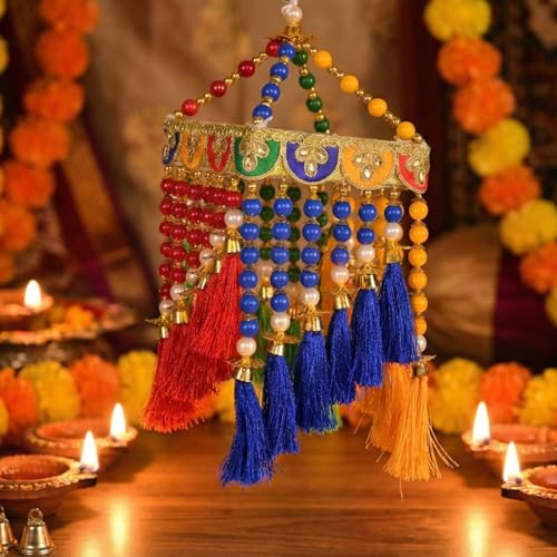 Image of Handmade Traditional Colorful Moti Jhumar Wall & Door Hanging - Artisanal Beaded Toran with Center Latkan Design, Bandarwal for Home Entrance, Festive Decoration, Pooja Room (Pack of 1)