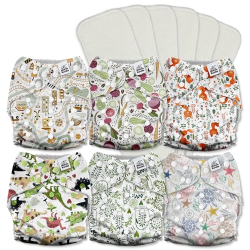 Image of Mama Koala 3.0 Cloth Diapers for Babies with AWJ Lining, 6 Pack with 6 5-Layer Natural Cloth Diaper Inserts - Reusable and Washable Pocket Diapers(A-Happy Fox)