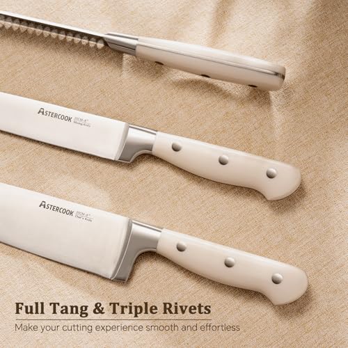 Image of Astercook Knife Set, Kitchen Knife Set with Block and Sharpener, 12 Pcs Ultra-Sharp High Carbon Stainless Steel Knife Block Set with Non-Slip Full Tang Ergonomic Handle, Cream White Cutlery Set