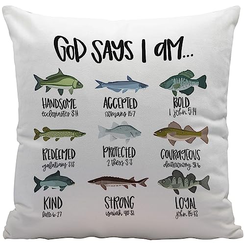 Christian Bible Scripture God Says I am Fishing Throw Pillow Cover Decor for Home Kids Room Nursery Playroom Decor,Fishing Gifts for Kids Girls Boys,Christian Gifts for Women Teen Girls,18x18 Inches
