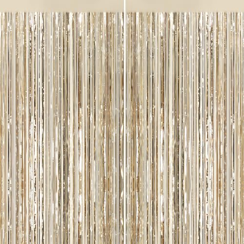 2Pack Champagne Gold Foil Fringe Backdrop Curtains Tinsel Door Streamers Fringe Backdrop for Graduation New Years Eve Graduation Birthday Wedding Baby Shower Gender Reveal Disco Party Decors