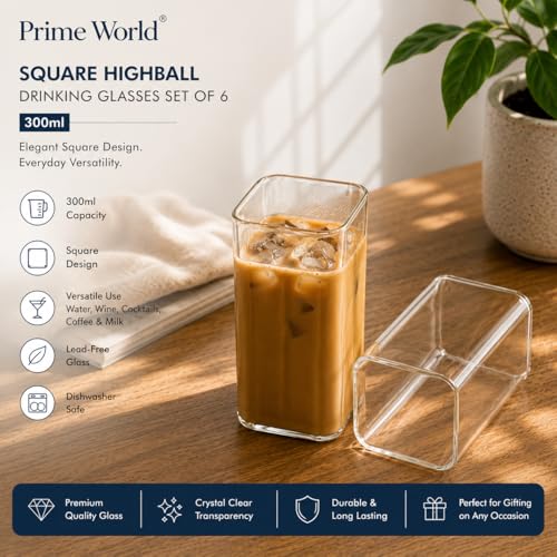 Image of PrimeWorld Square Highball Drinking Glasses Set of 6 (300ml) | Thin Glass Tumblers for Water, Wine, Cocktails, Coffee & Milk | Lead-Free, Dishwasher Safe Bar Glassware