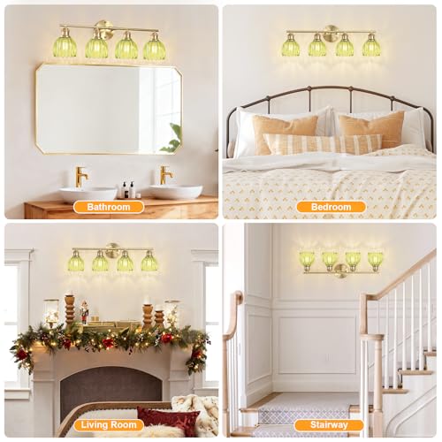 Image of Bathroom Light Fixtures, 4-Light Brushed Gold Vanity Lights for Bathroom with Green Tulip Glass Shade, 26 inch Vintage Bathroom Vanity Lighting Fixtures Over Mirror for Bedroom Living Room Hallway