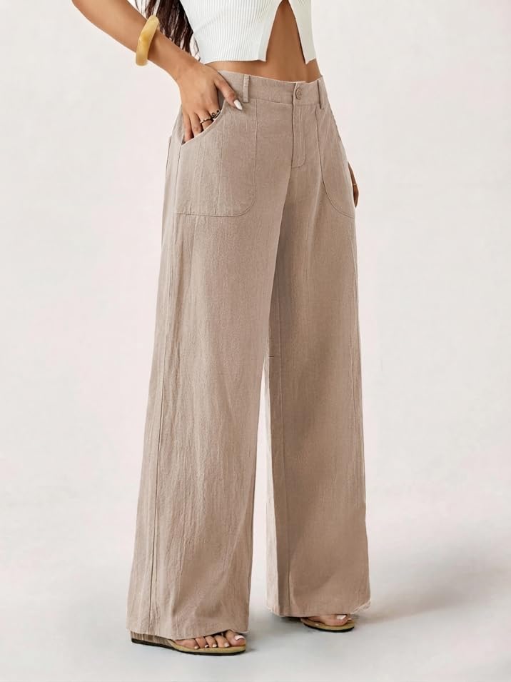 Image of GRECIILOOKS Beige Wide Leg Linen Trousers for Women | High Waist Cotton Baggy Korean Style Casual Pants | Comfortable Formal & Casual Women Trousers