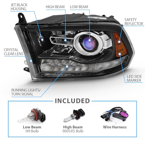AmeriLite for 2009-2018 Dodge Ram 1500 2500 3500 BOTH Models Switchback LED Polished Black Replacement Projector Headlight Assembly Set - Passenger and Driver Side - Image 6