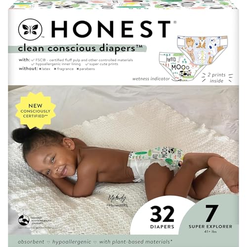 Image of The Honest Company Clean Conscious Diapers for Sensitive Skin | Hypoallergenic, Fragrance Free | Gender Neutral Prints | Club Box, Size 7 (41+ lbs), 32 Count