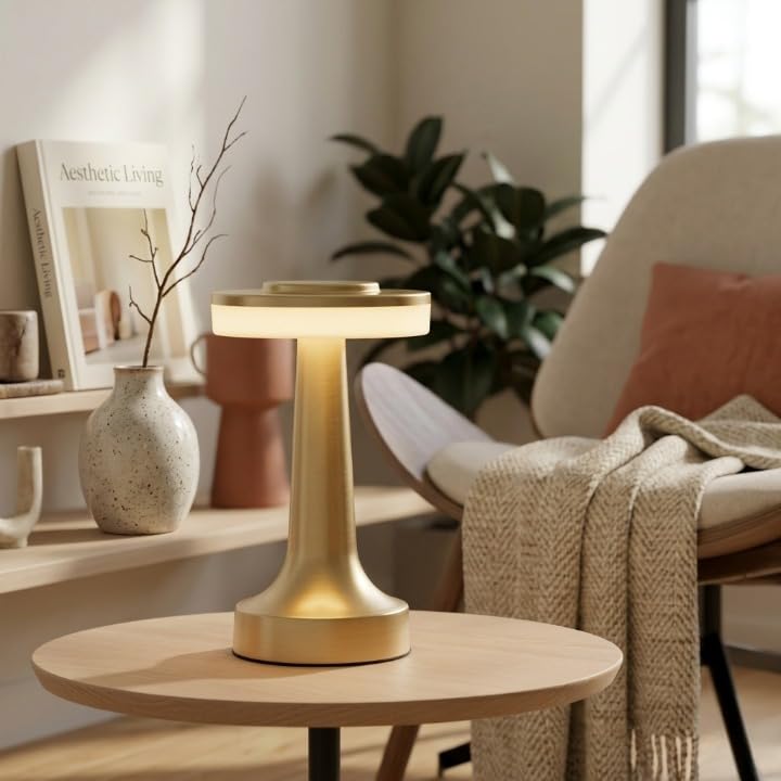 Image of Table Lamp | 2000mAh Battery | Home Decor, Lamps for Bedroom, Lamp for Living Room, Stepless Dimming, 3 Colour Touch Control, USB-c Charging (Metal - Gold)