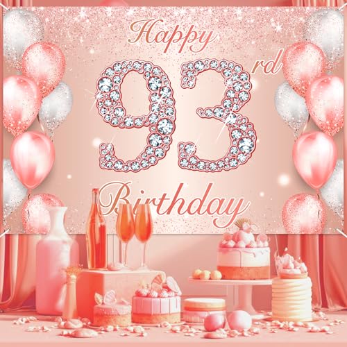 Image of Happy 93rd Birthday Rose Gold Banner Cheers to 93 Years Old Backdrop Confetti Balloons Theme Decor for Women 93 Years Old Pink Birthday Party Decorations Bday Supplies Background Favors Gift Glitter