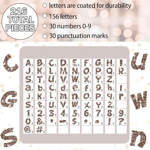 Image of Colarr 216 Pcs Glitter Bulletin Board Letters for Classroom Number Alphabet Punctuation Symbol Cutout 4'' Die-Cut Poster Letter with Adhesive Dot School Party Holiday Decor Display(Brown)