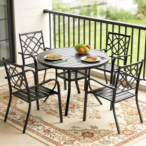 Image of SUNCROWN 5-Piece Outdoor Dinging Set, Wrought Iron Chairs and Table Patio Dining Furniture Set - 4 Stackable Metal Chairs, 1 42 inch Round Steel Slat Bistro Table for Garden Backyard Deck